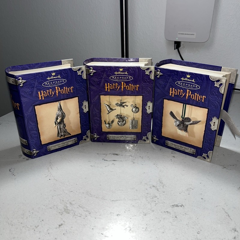 Harry Potter Hallmark Pewter Ornaments Hog Warts Charms, Hedwig & Dumbledore
