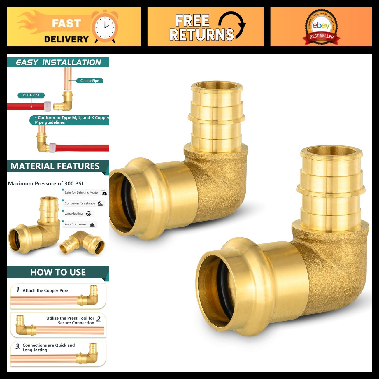2-Pack 1" Copper Press x 1" PEX-A Expansion Elbow Fitting - Durable Plumbing Con