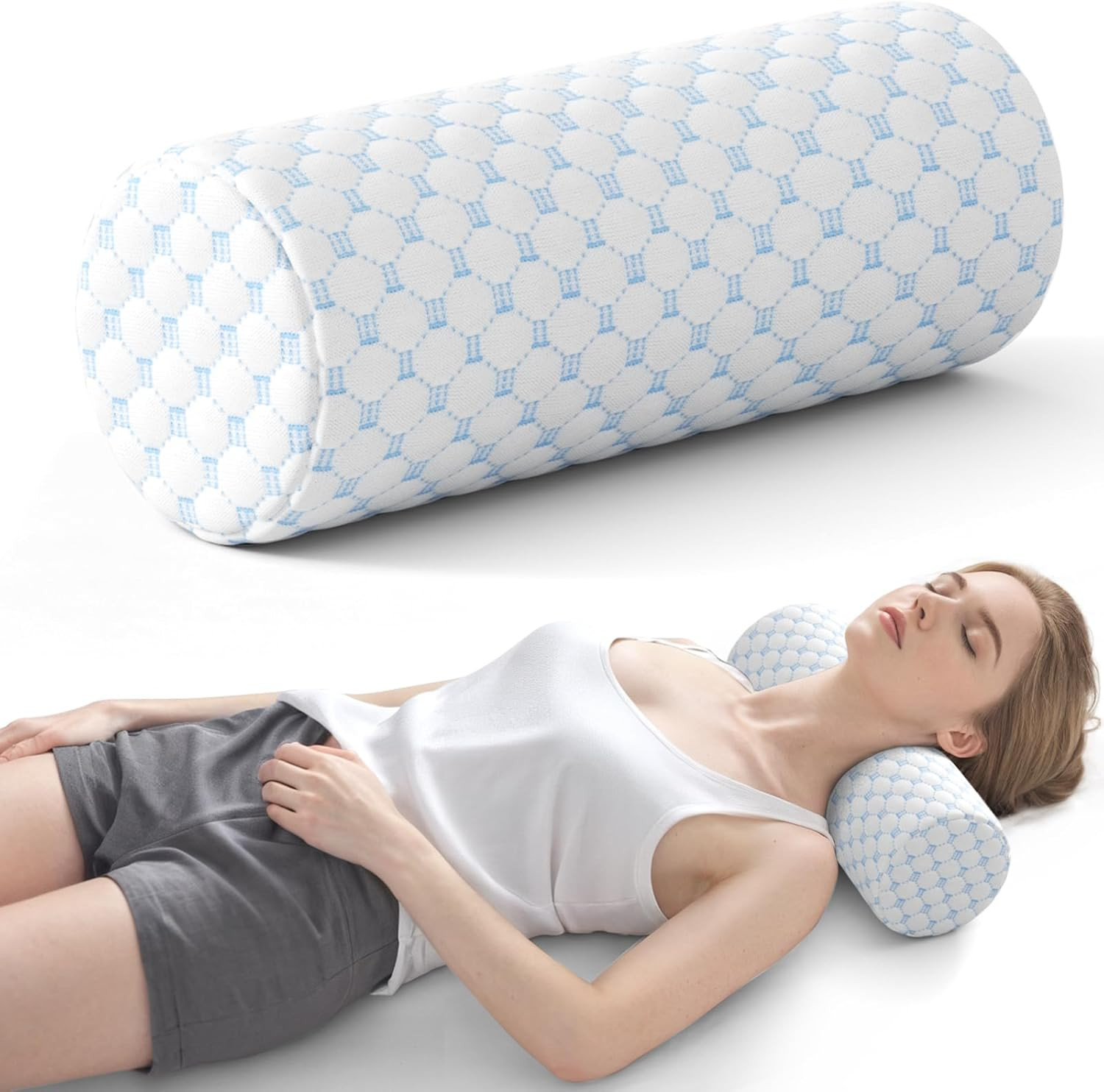 Neck Roll Pillow for Neck Pain Relief - Memory Foam Neck Sup
