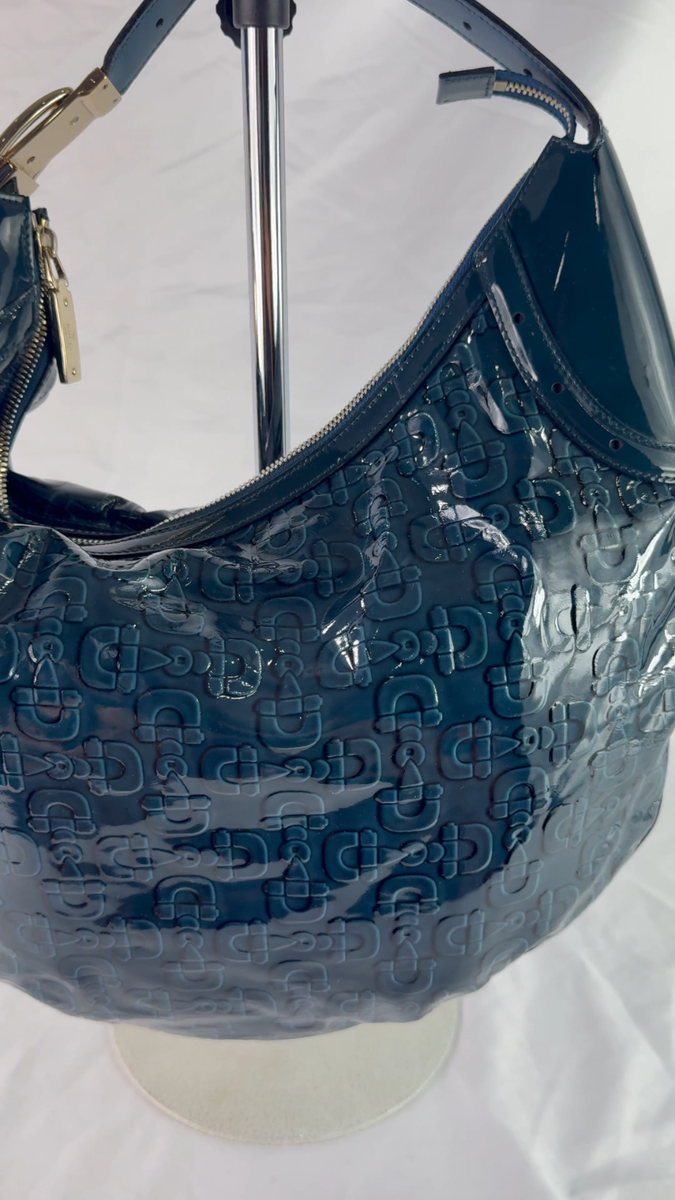 GUCCI Blue Patent Leather Horsebit Glam Hobo Tote Shoulder Bag