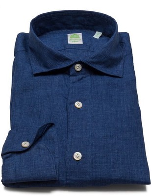 Finamore 1925 Sapphire Blue Shark Collar Linen Shirt