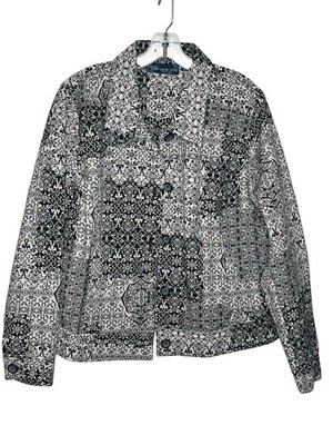 Susan Graver Style Sz L Black & White Damask Button Down Jacket Monochrome 