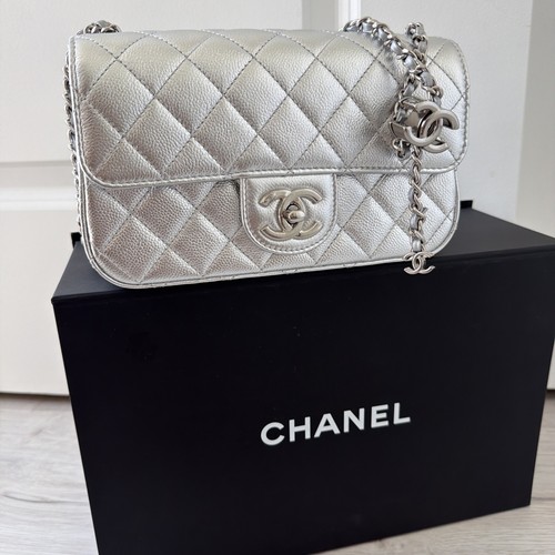 CHANEL 25B Classic Mini Silver Caviar Flap Bag PEARL CRUSH CC Handbag
