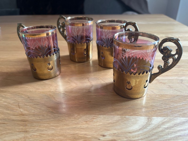 Set of 4 Russian Style Etched Glasses w/ Ornate Brass Holders 3.25" h