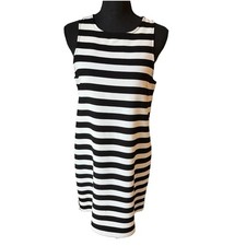Everly Dress Striped High Neck Black Cream Short Sheath Sz M Made In USA! EUC!