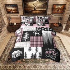 7Pc Rustic Cabin Bear Comforter Set, Deer Hunting Farmhouse Queen Black Pink