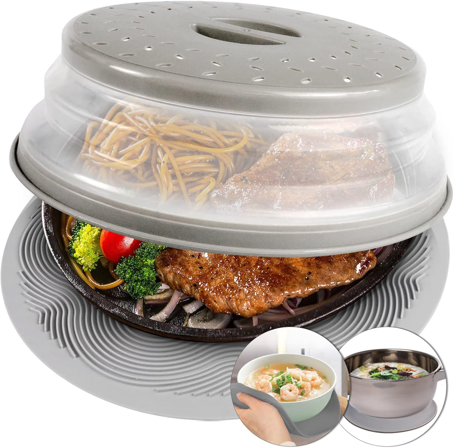 2 in 1, Aidacom Microwave Place Mat & Food Cover- as Bowl Holder, Gray