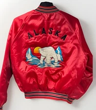 VTG Alaska Satin Bomber Jacket L Red Button Embroidered Polar Bear Glacier “Jim”