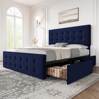 Velvet Queen Bed Frame with 4 Storage Drawers & Tufted Headboard, Blue