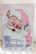 Shabby Chic Cottage Victorian Christmas Pink Roses Santa Tin Sign Picture