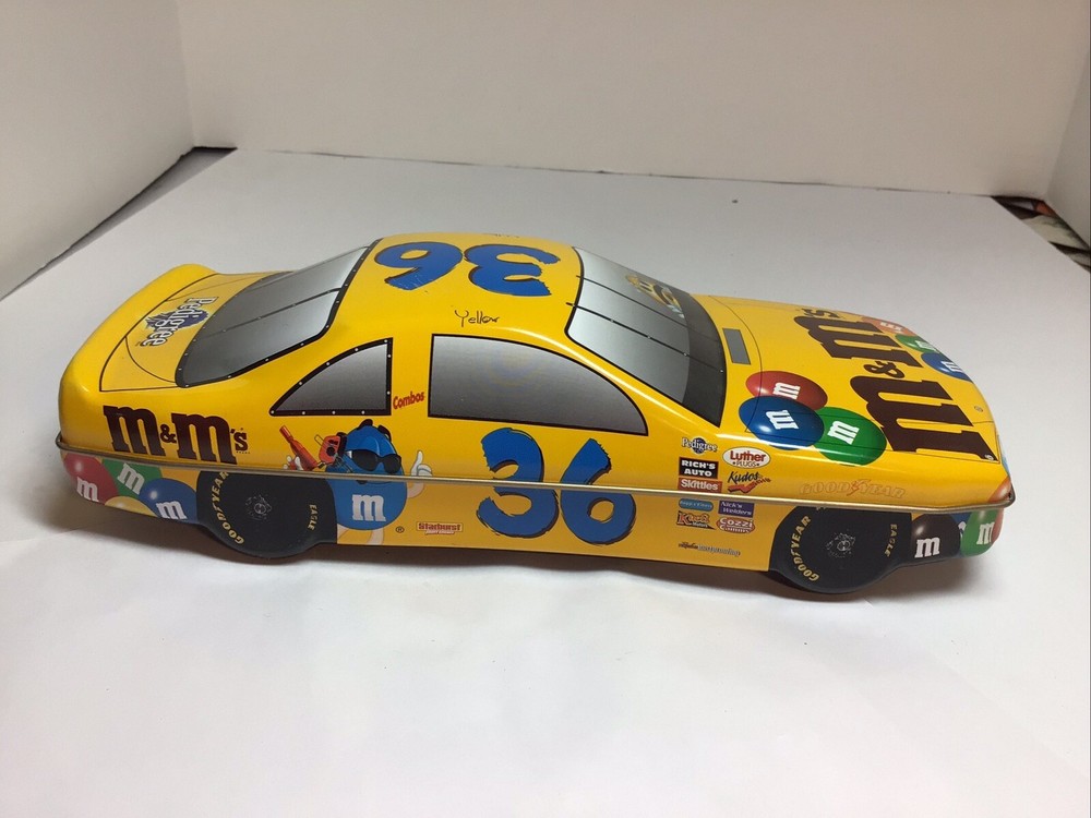 1999 M&M's - Nascar #36 Ernie Irvan Race Car Yellow Tin Candy Dish M&Ms Pedigree