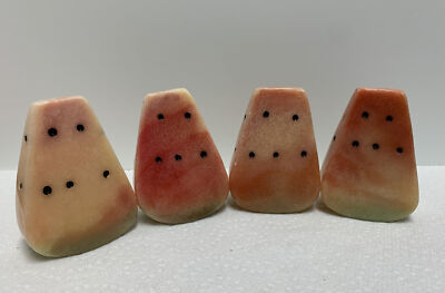 4 Vintage Carved Stone Watermelon Slices Fruit Decor Alabaster Marble Crystal