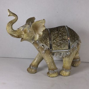 India Elephant Sculpture, Mirrored Cape, Raised Trunk, Gold Painted, 9