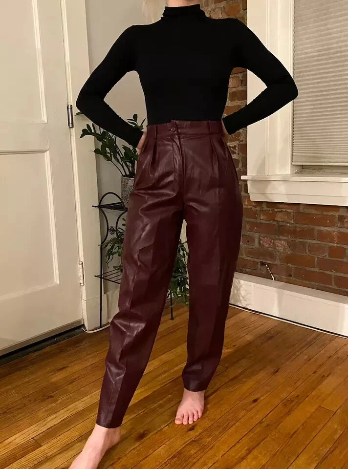 Nuevo Pantalón Mujer Borgoña Hecho a Mano Piel de Cordero Cuero Genuino Elegante De Moda Foto 3 de 4