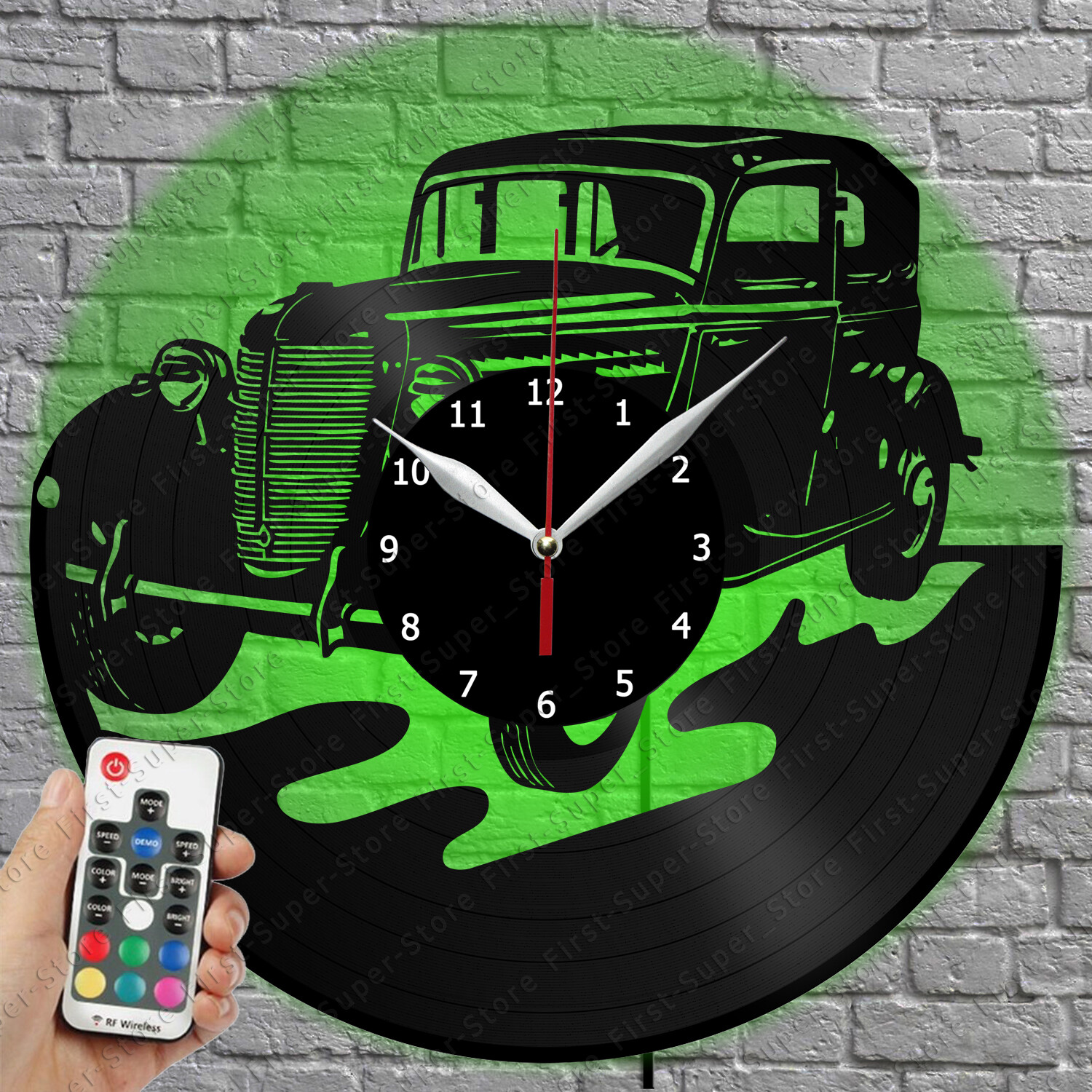Retro Car-Shaped LED Wall Clock with Vinyl Record Design and 1296 LED Lights