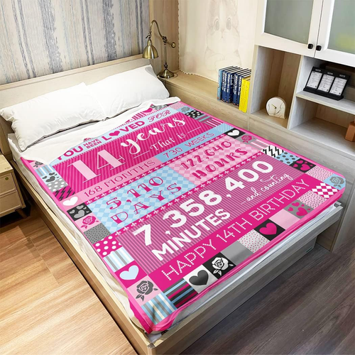 14 Year Old Girl Birthday Gifts, Pink Love Rose Elements Happy Birthday Blanket, - Picture 2 of 6