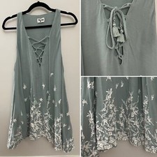 Show Me Your Mumu Lace Up Front Sage Embroidered Floral Swing Tunic Dress S