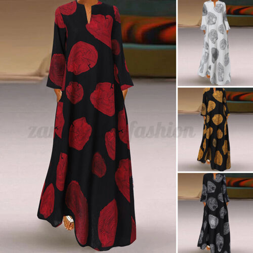 Abito donna casual vacanza sciolto manica lunga scollo a V oversize lungo maxi camicia - Foto 1 di 28
