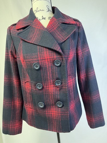 Old Navy Plaid Black & Red Blend Pea Coat Womens Size Medium - Picture 5 of 13