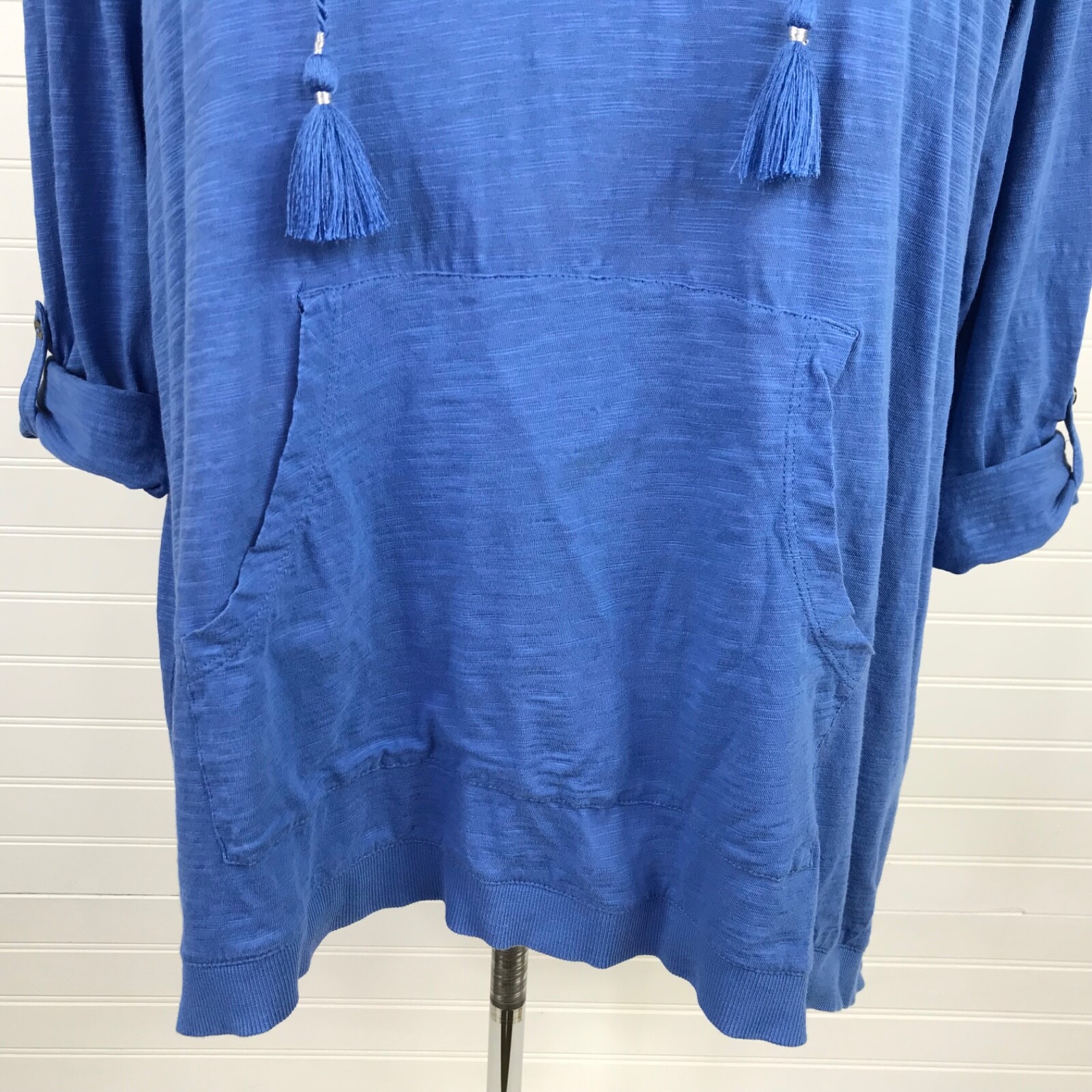 J Jill Tabsleeve Knit Hoodie Tunic Top Shirt 2X Blue Soft Stretch Long