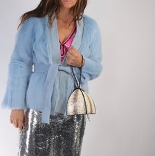 Diane Von Furstenberg Shearling Fur Belted Coat Baby Blue Lamb Jacket Size P