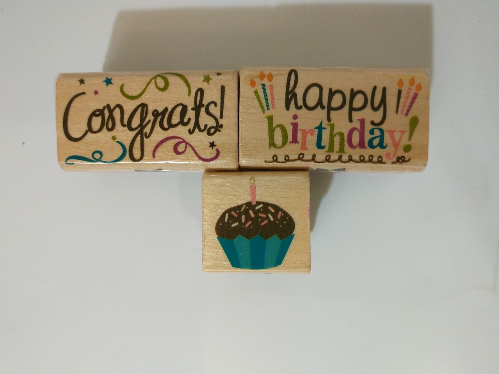 Rubber Stamp Wood Mount Lot Of 3 Party Theme Congrats Cupcake Happy Birthday