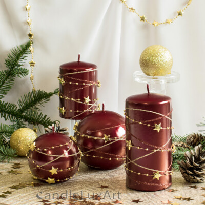 Stumpen Kugel Kerzen Sternenkette Bordo Metallic Adventskerze Weihnachtskerze