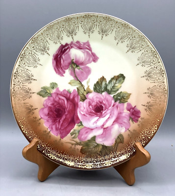 Antique Porcelain Plate by Zeh Scherzer Bavaria Hand Painted Roses Gold Filigree