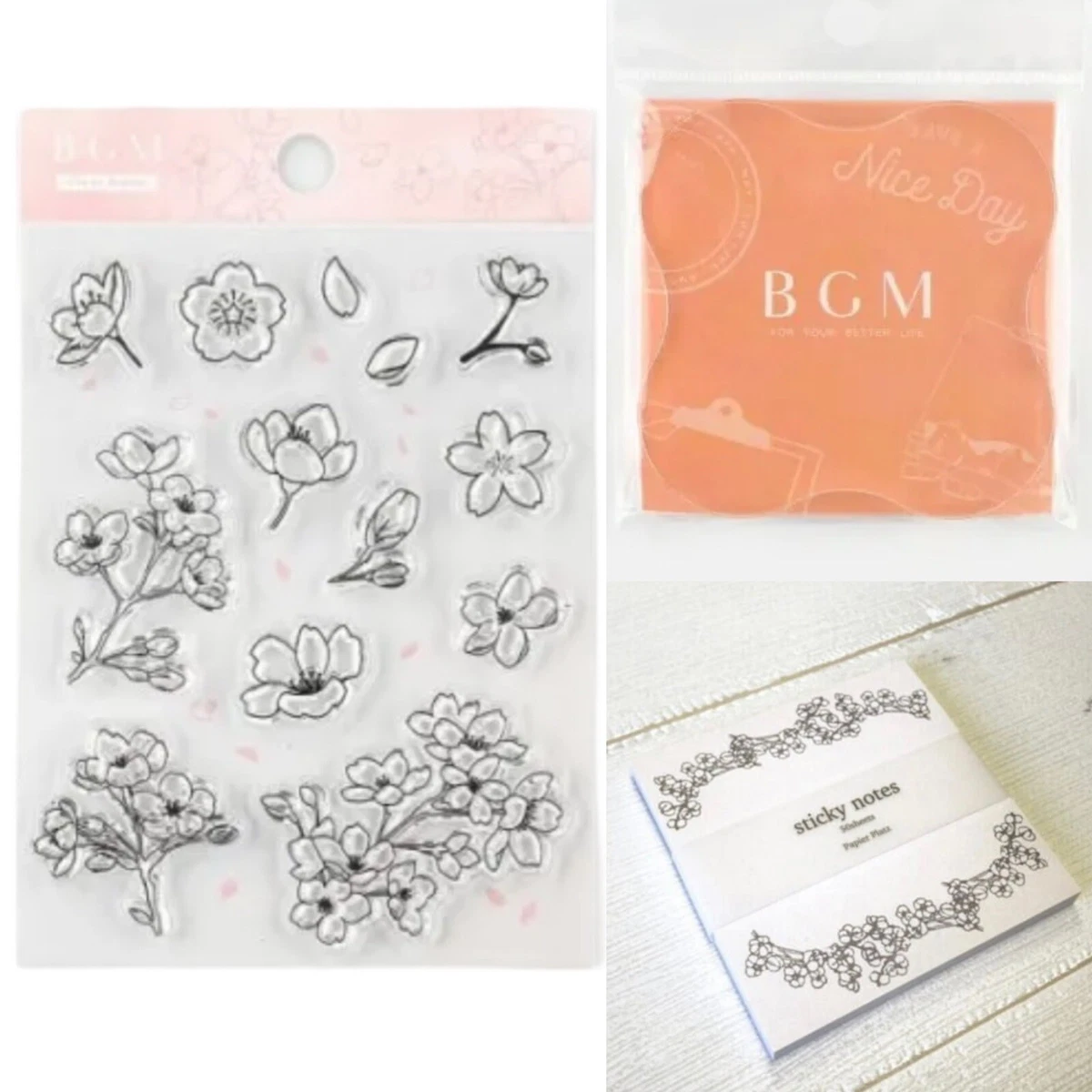 BGM Japan Sakura (Cherry Blossoms) Clear Stamps, Acrylic Block + Sticky
