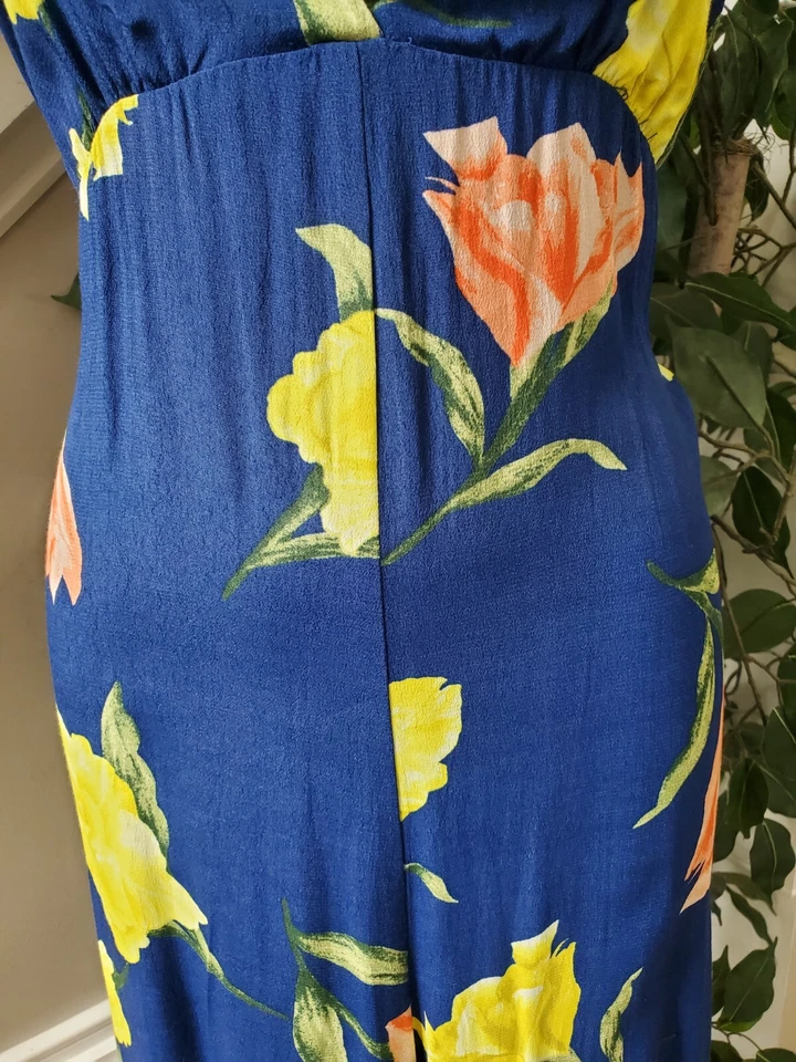 Mono grande FOREVER 21 para mujer azul floral rayón sin mangas cuello en V cremallera trasera Foto 3 de 4