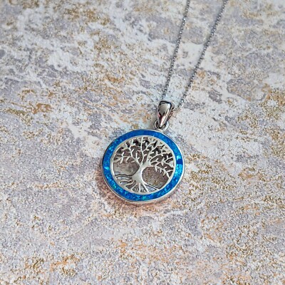 Lucky Blue Opal Celtic Tree of Life Sterling Silver Pendant Necklace