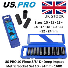 US PRO 10-Piece 3/8\" Drive Deep Impact Socket Set - Metric 10mm To 24mm - Blue