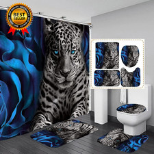 4PCS Blue Rose and Leopard Shower Curtain Bathroom Set with Rug Toilet Lid Cover