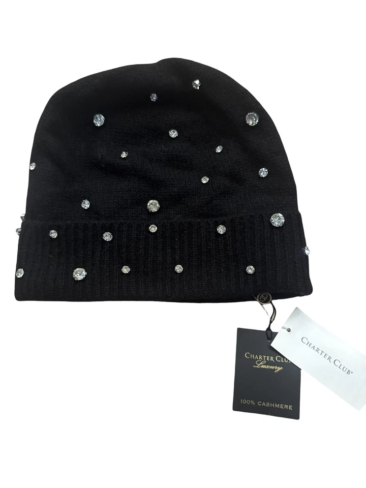 Gorro Charter Club 100 % cachemir adornado negro talla única nuevo con etiquetas $119,50 Foto 2 de 3