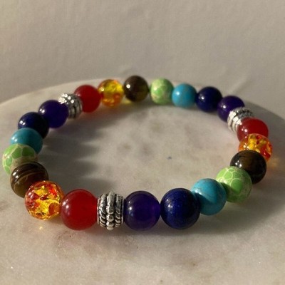 7 chakra energy natural Stone bead stretch bracelet fits 5.5-7.5  men s women s
