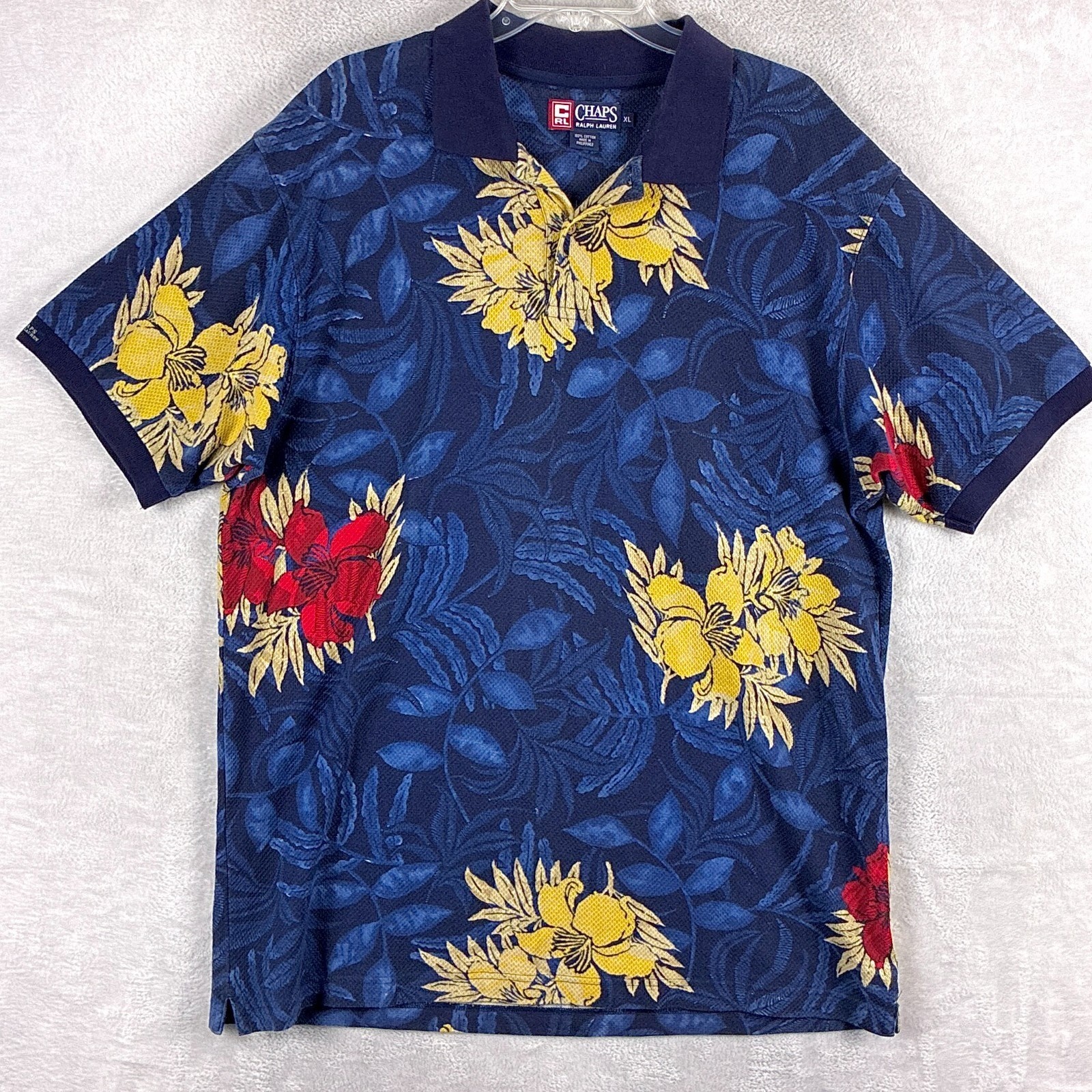 Vintage Chaps Ralph Lauren Polo Shirt Mens XL Blue Yellow Floral Hawaiian 90s