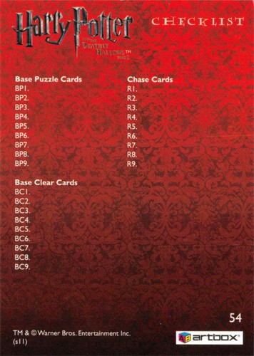 CHECKLIST / 2011 Artbox Harry Potter Deathly Hollows Part 2 BASE Card #54 - Picture 2 of 2