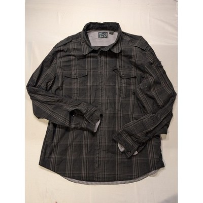 Fox Racing Mens 2XL Plaid Button Long Sleeve Shirt Grey Black Star Embroidered