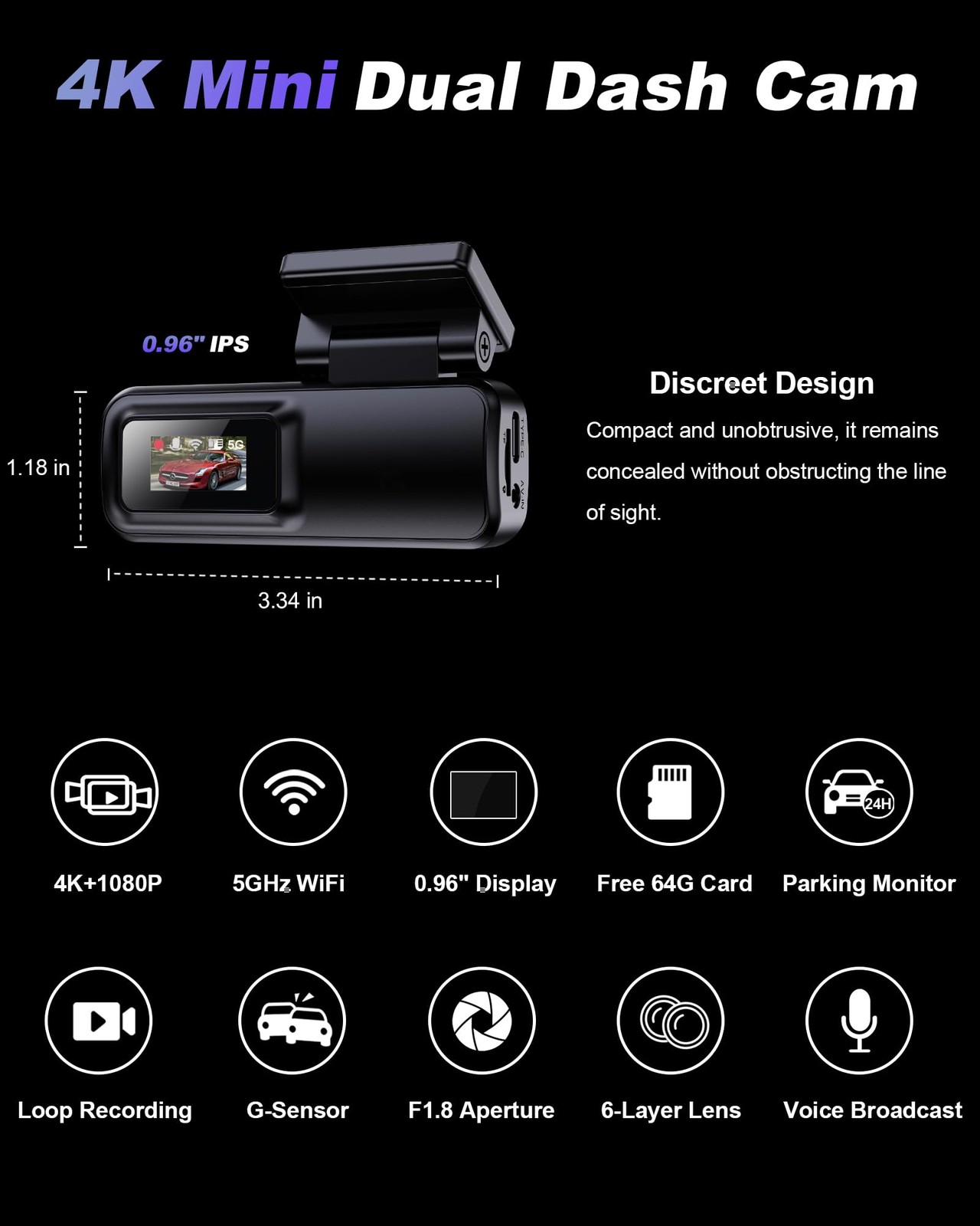 Dash Cam Anteriore e Posteriore 4K 1080p 5ghz WIFI Doppia Dashcam con App Scheda 64gb - Miniatura 7