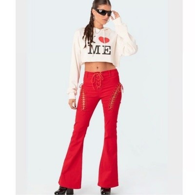 Edikted Red Lace-Up Flare Jeans FIRE ENGINE SIZE MEDIUM