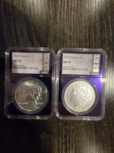 2023 $1 Peace and Morgan Silver Dollar 2pc Set NGC MS70