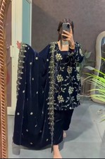 Pure Heavy Viscose Velvet Blue Salwar Kameez With Dupatta For Party Wear