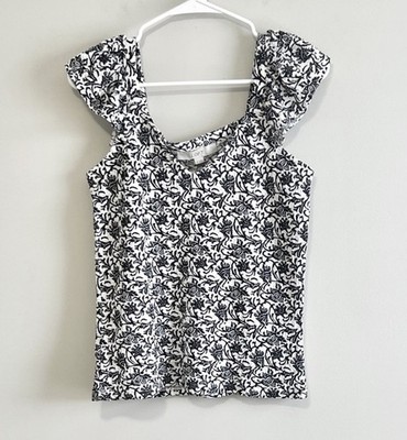 NWT Loft Women's Floral Flutter Sleeve Top Black & White Size XS