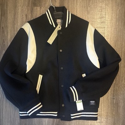 NWT HUDSON Mens Wool Varsity Bomber Jacket Size L Black Ivory Faux Leather 