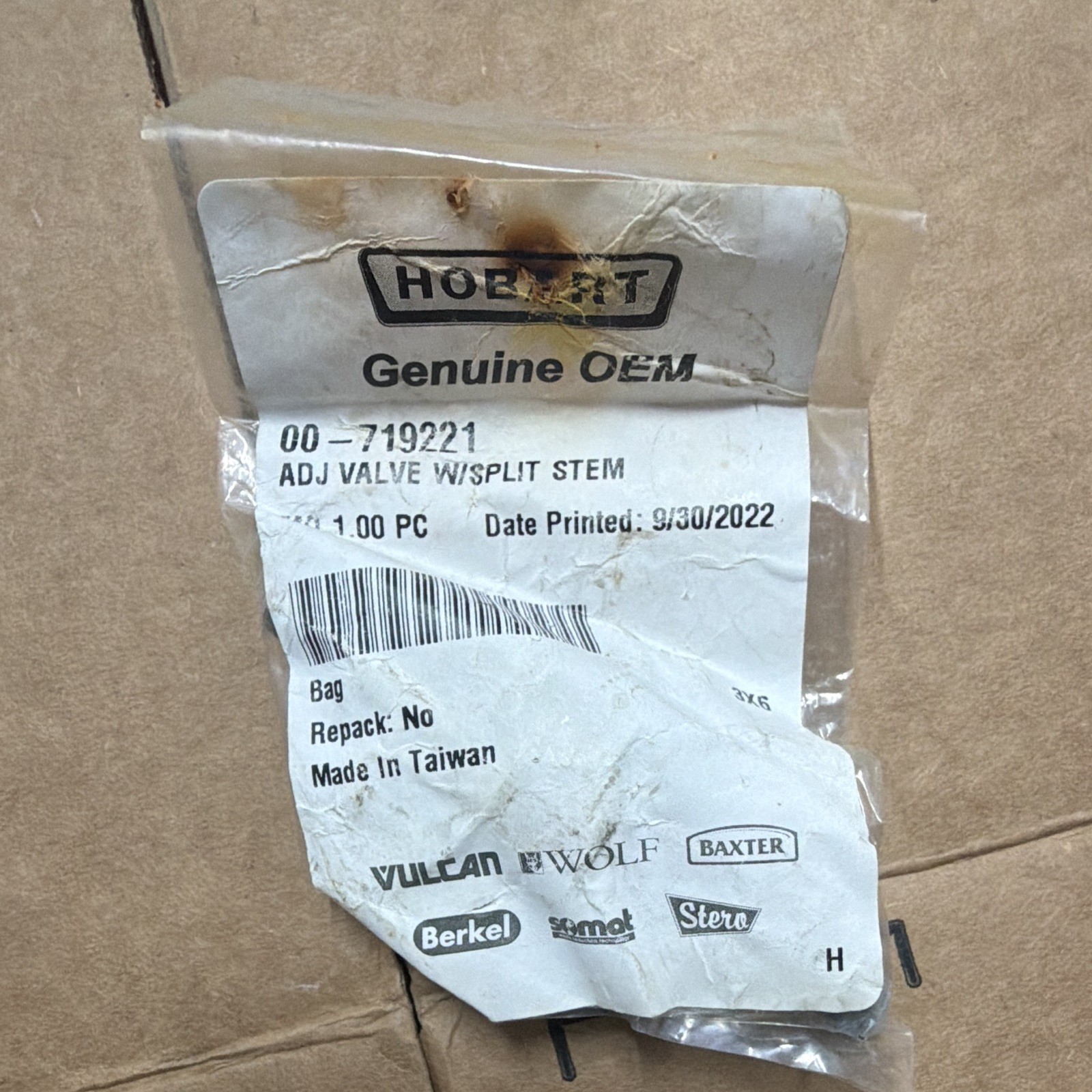 Hobart Genuine OEM 00-719221 Adjustable Valve with Split Stem