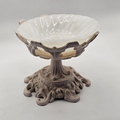 Robert Emig Cast Iron Pedestal Dish With Anchor Hocking Milk Glass Bowl Vintage