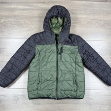 Eddie Bauer Reversible Camo Hooded Puffer Coat Boy s Small 7/8 Green/Black