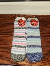 NWT 2 Pair Women's Shine Holiday Slipper Socks Xmas Fuzzy Stripes Size 5-10 