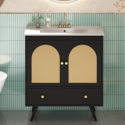 30'' Black Bathroom Vanity with Ceramic Sink Combo Abundant Storage Cabinet