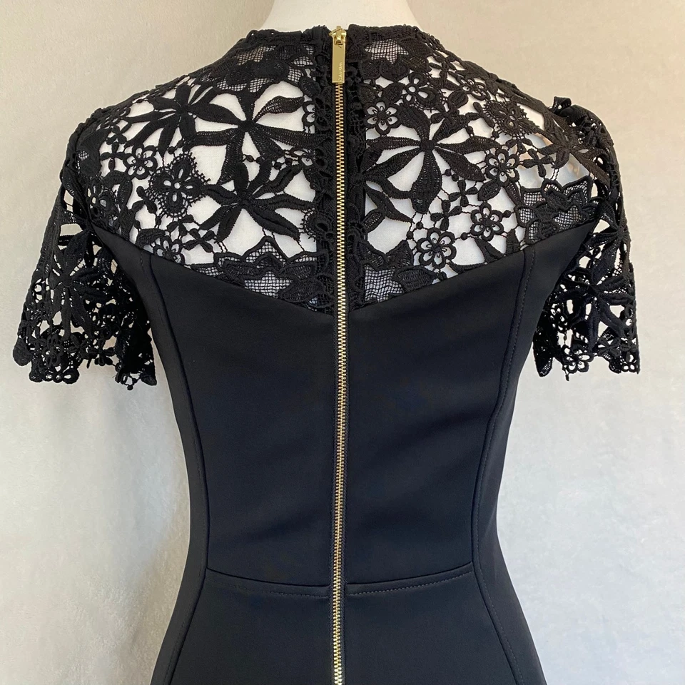 Calvin Klein Lace-Top Short Sleeve Sheath Dress. Size 2. Black with Gold Zippper - Image 4 of 4